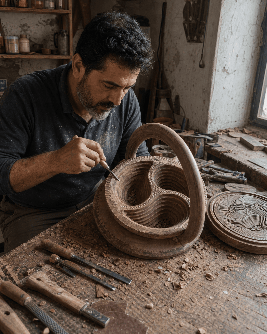 The artisan shaping a vessel by hand.