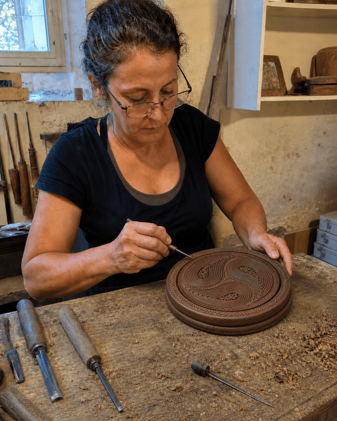 A vessel resting on the workbench, finishing oil applied.