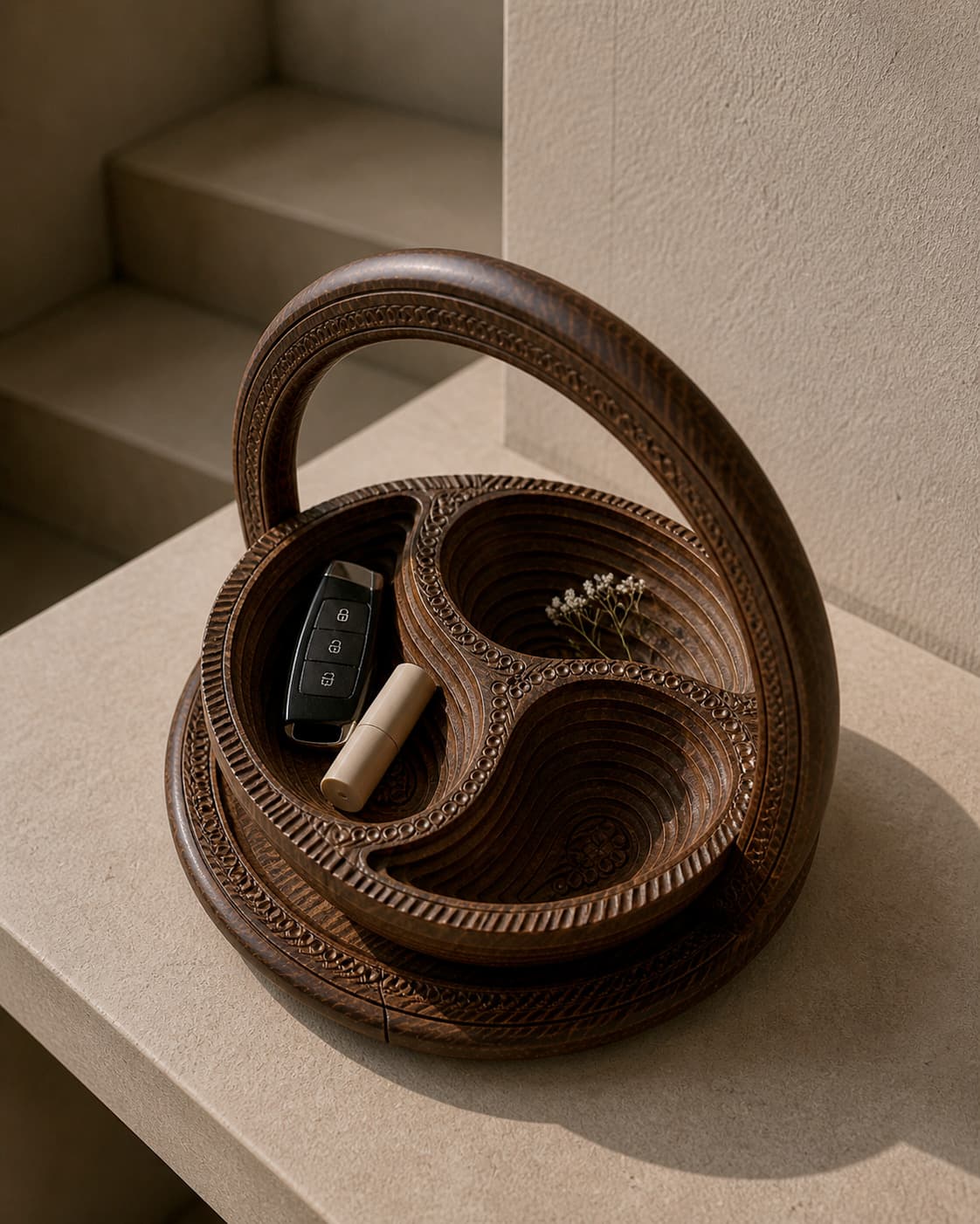 The Furl Vessel, closed, photographed in soft daylight.