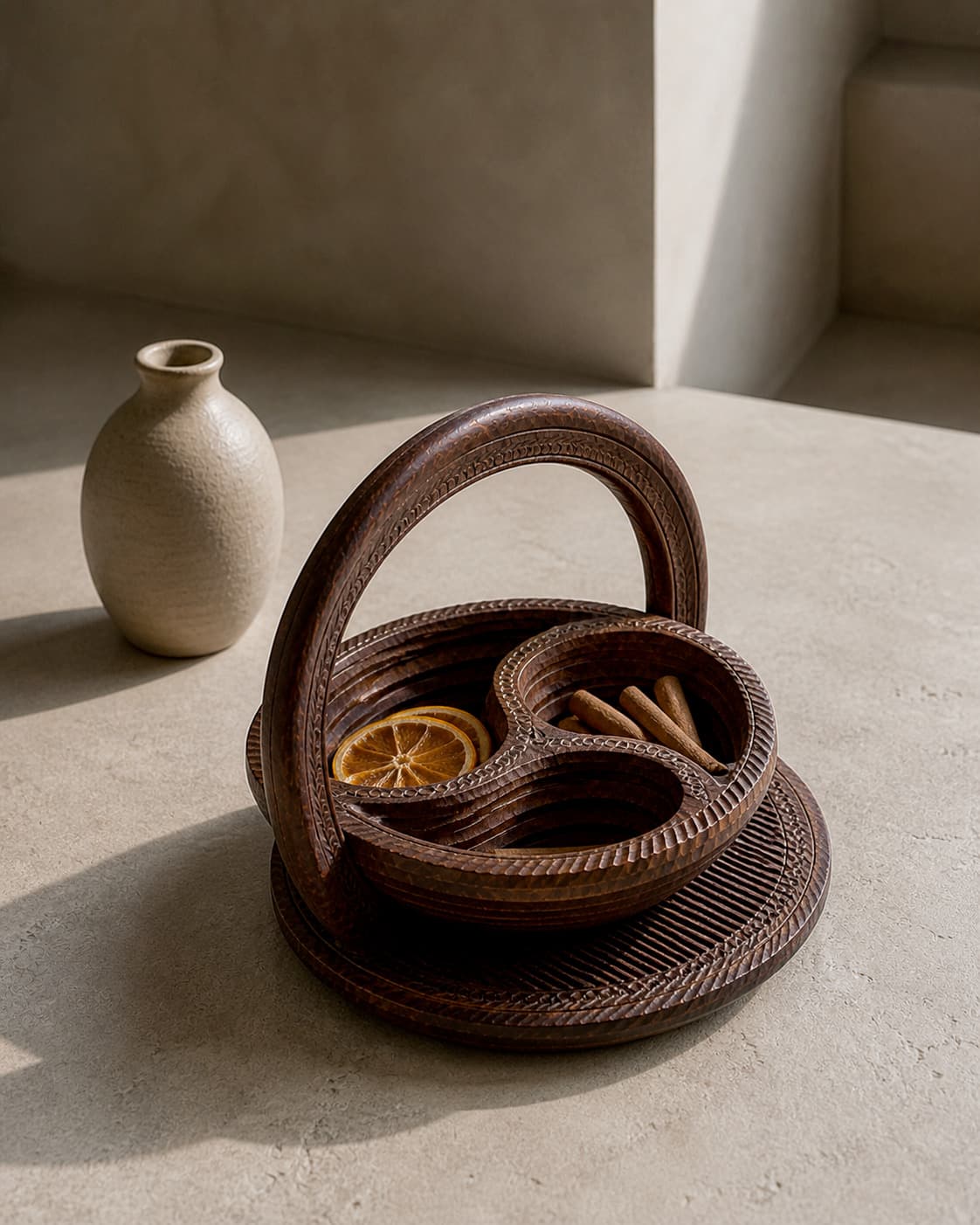 The Furl Vessel, opened by its handle, mid-pivot.